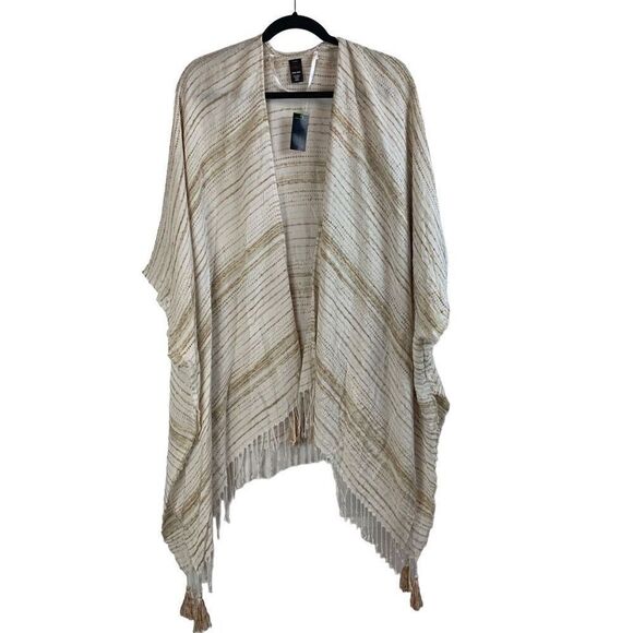 New MIXIT Neutral Stripe Loose Knit Kimono Boho Cardigan Shrug Poncho One Size - Picture 1 of 10